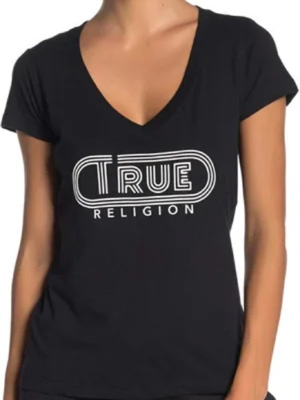 True Religion Black V-Neck Logo Tee for Women